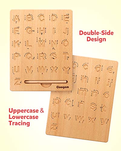 Coogam Wooden Letters Practicing Board, Double-Sided Alphabet Tracing Tool Learning to Write ABC Educational Toy Game Fine Motor Montessori Gift for Preschool 3 4 5 Years Old Kids